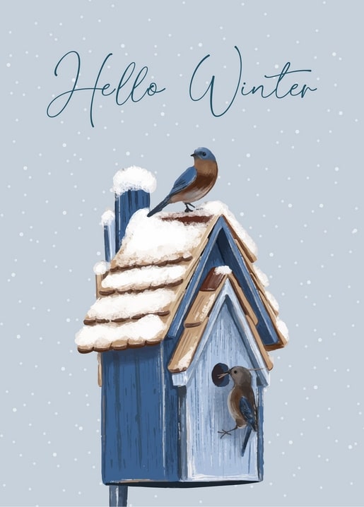 Illustration eines blauen Vogelhauses im Schnee mit zwei kleinen Vögeln