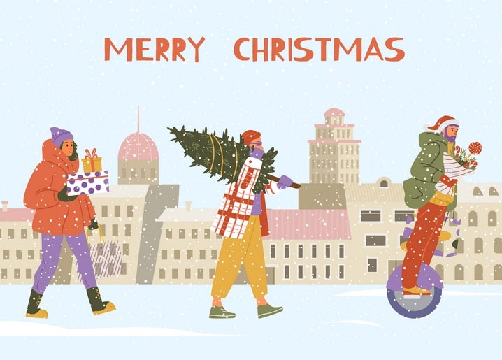 People carrying gifts, a Christmas tree and flowers through a snowy city — Merry Christmas illustration