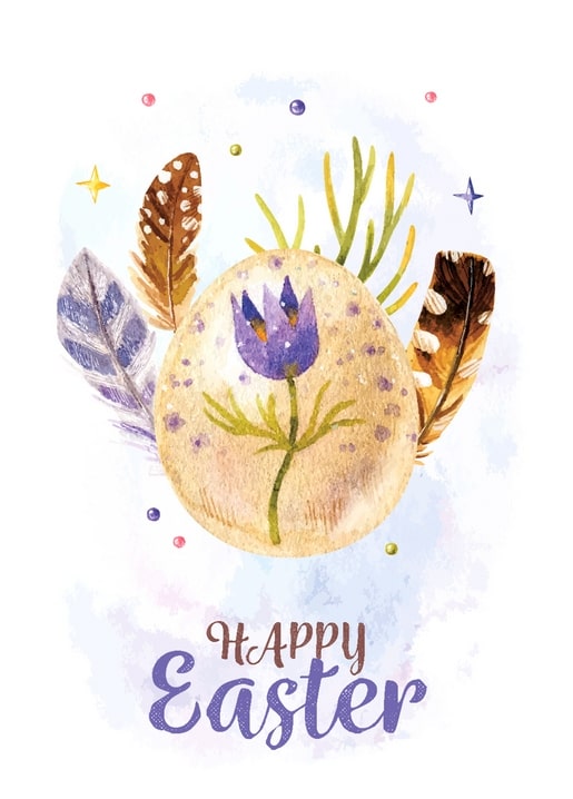 Speckled watercolor egg with a purple flower surrounded by feathers and stars on blue background