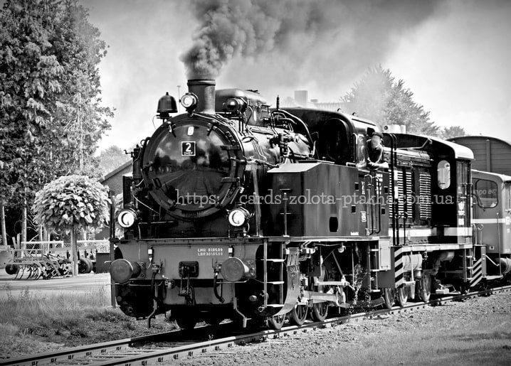 Schwarzweißfoto einer Dampflokomotive, die unter Rauch den Bahnhof verlässt