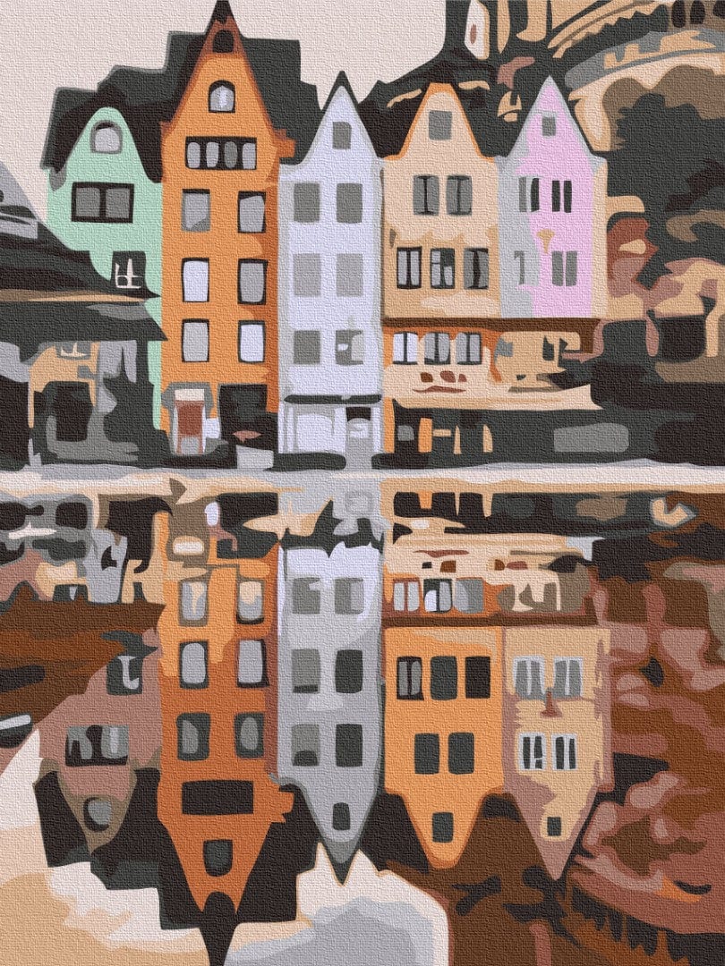 Illustrated paint-by-numbers scene of pastel gabled houses in Stockholm's old town mirrored in water
