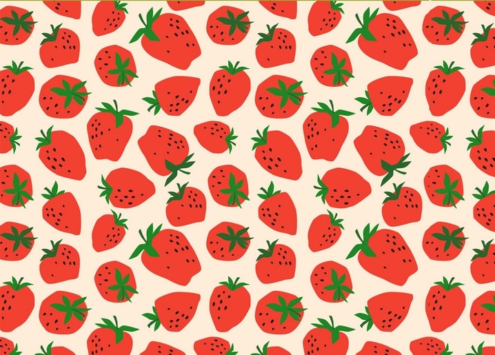 Seamless pattern of red strawberries with green tops on a cream background.