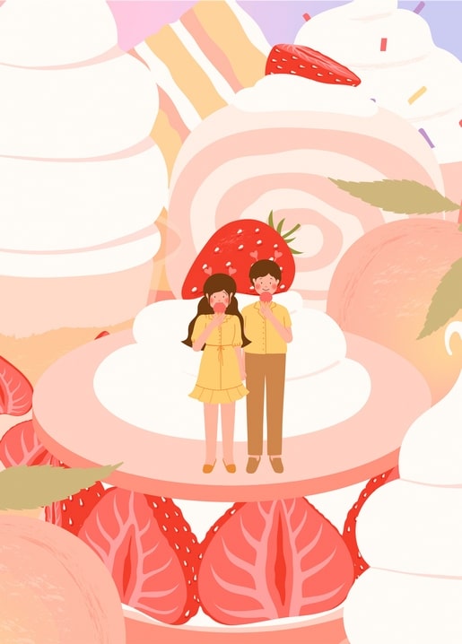 Illustration eines verliebten Paares auf einer Erdbeer-Sahnetorte mit Pfirsichen