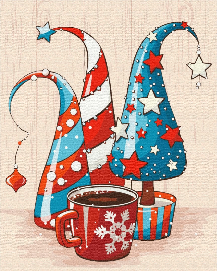 Drei bunt gestreifte Weihnachtsbäume neben einer roten Kaffeetasse mit Schneeflocke