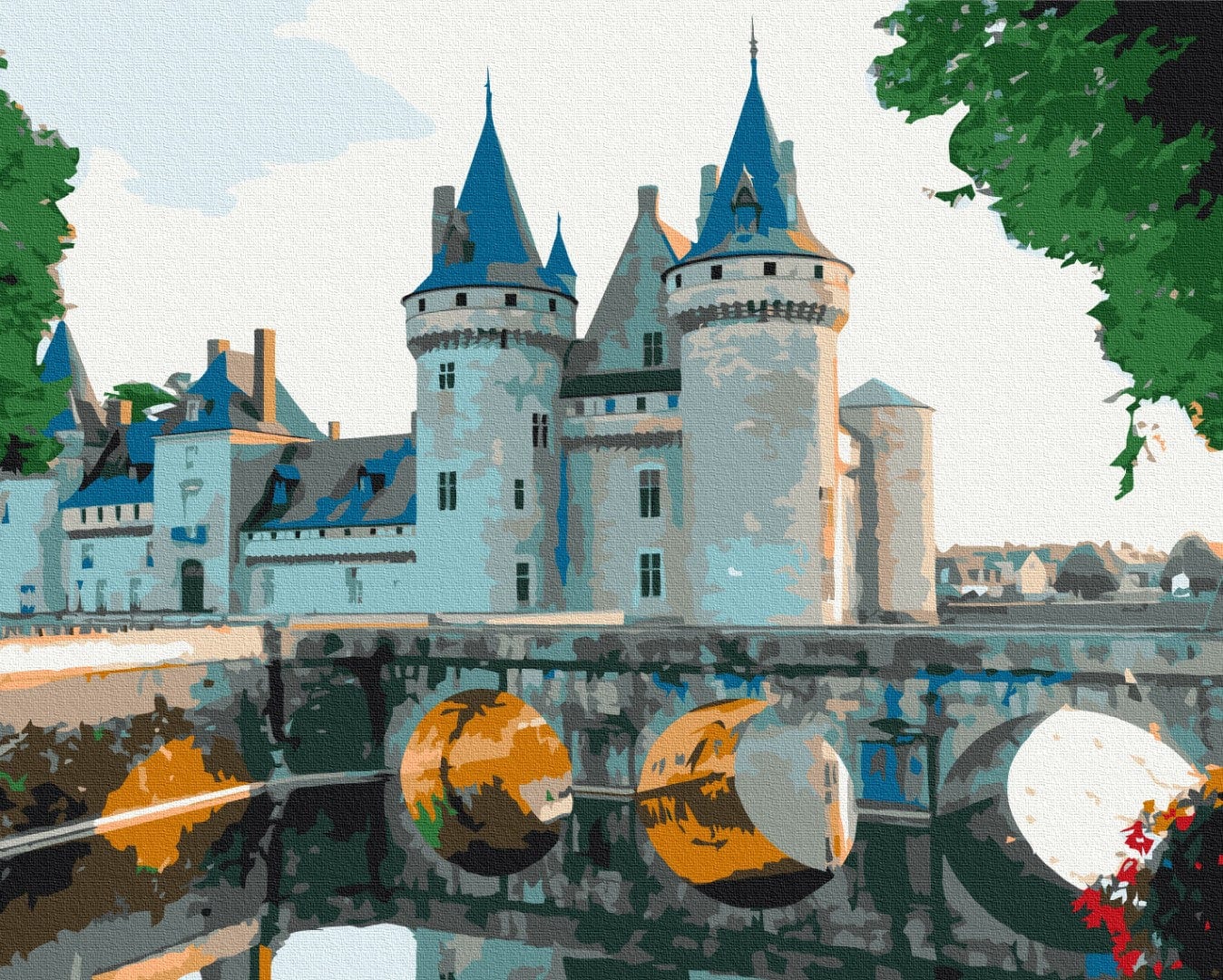 Illustrated blue-roofed towers of Sully-sur-Loire castle reflected in the moat beside a stone bridge