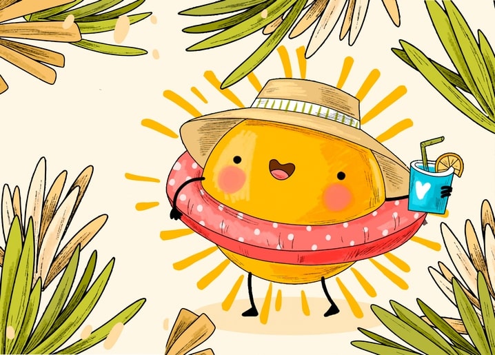 Smiling cartoon sun wearing a straw hat and pink swim ring, holding a drink among palm leaves.