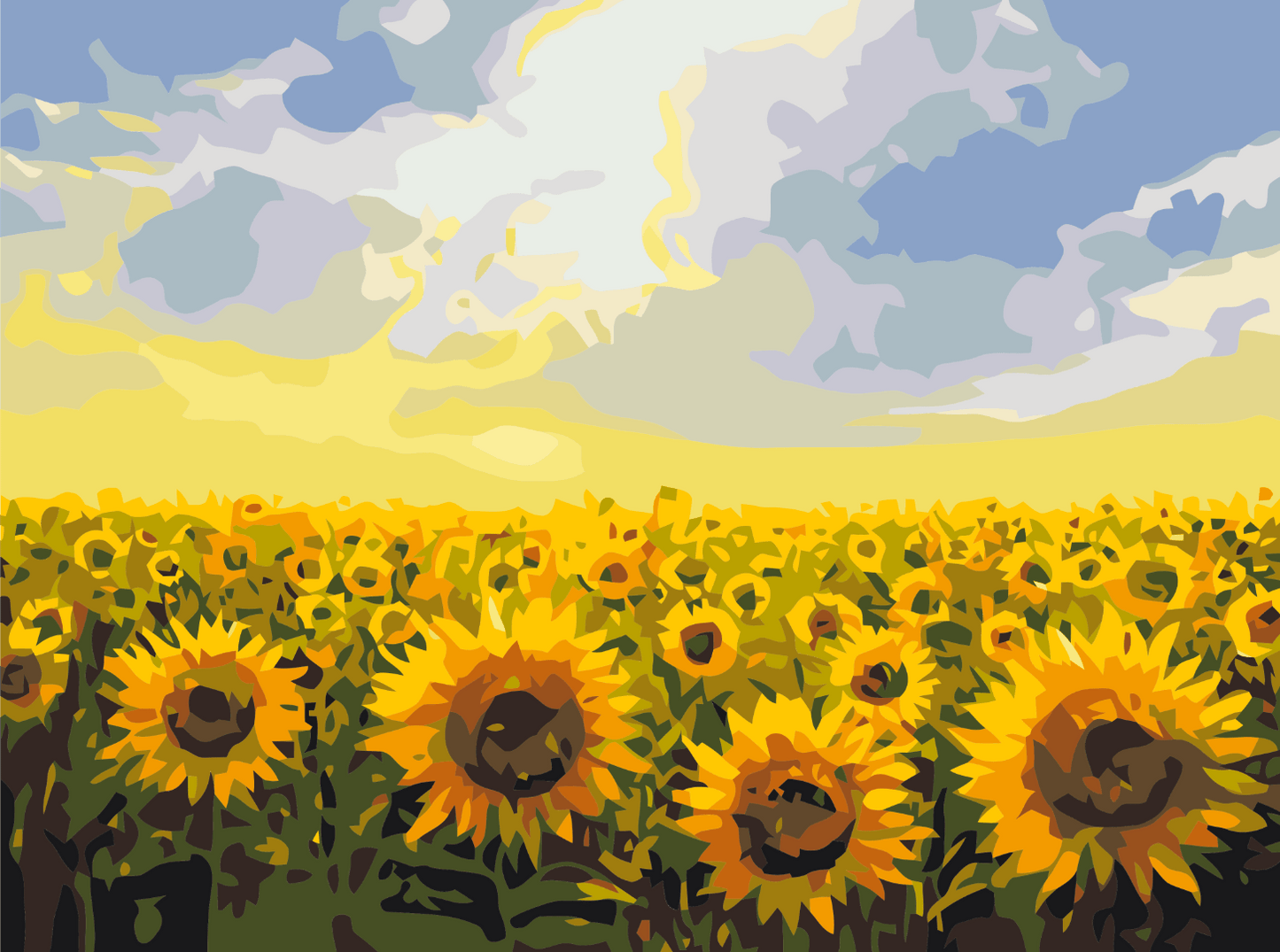 Sunflower field under a sky filled with billowing clouds, one flower head bowed among the bright blooms.