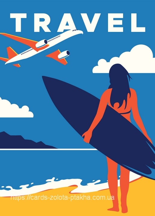 Retro-Postkarte mit einer Surferin, die ein Flugzeug über dem Strand beobachtet