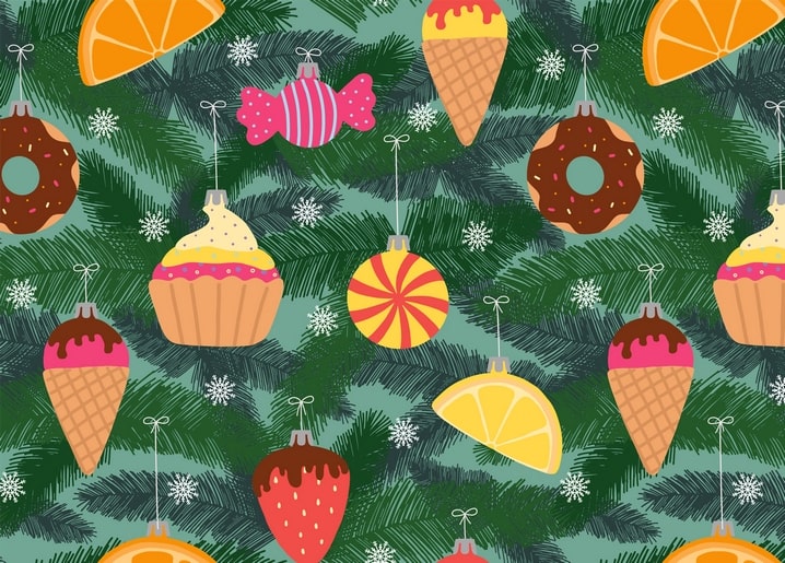 Illustrated Christmas ornaments shaped like donuts, cupcakes, ice cream cones and candy hanging on pine branches