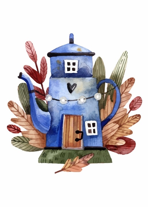 Watercolor house shaped like a blue teapot surrounded by autumn leaves and a string of lights