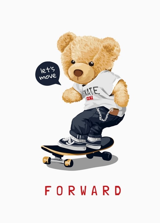 Teddybär fährt Skateboard im „Skate Out“-Shirt, Sprechblase „let's move“
