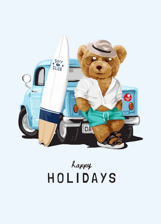Teddy bear leaning on a vintage blue truck with a surfboard, beach postcard