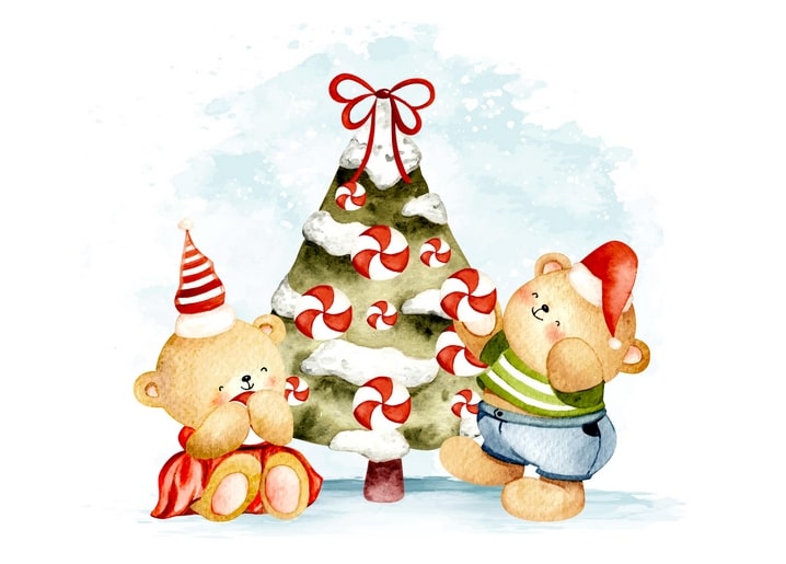 Aquarell-Postkarte mit zwei Teddybären, die einen Zuckerstangenbaum schmücken