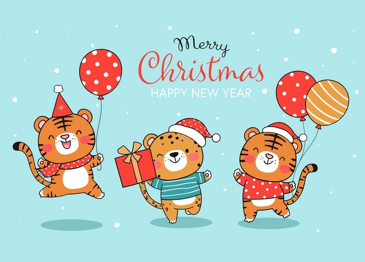 Three cartoon tiger cubs in Santa hats playing with balloons and a Christmas gift