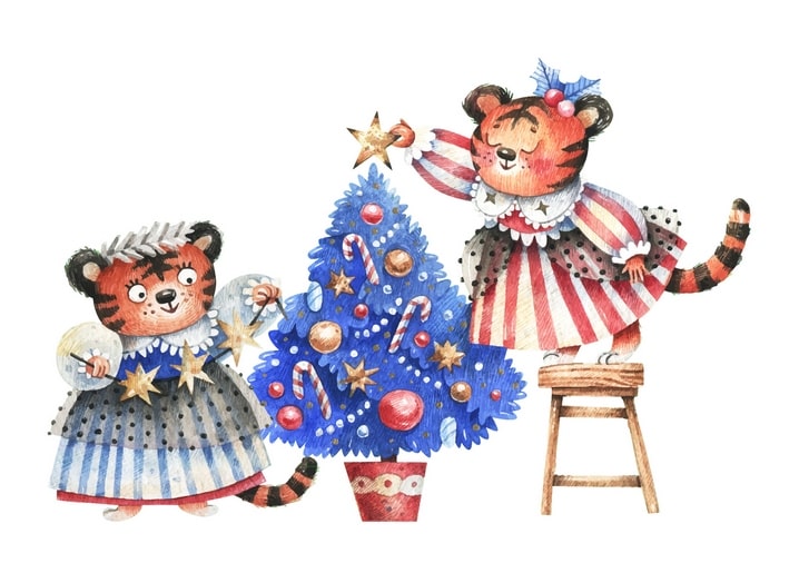 Zwei Tigerbabys in Festkleidern schmücken einen Weihnachtsbaum mit Sternen