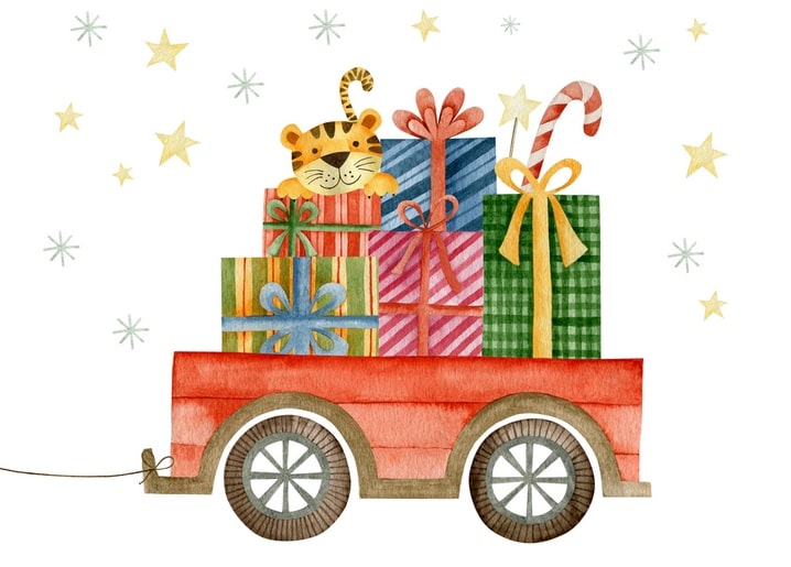Tigerbaby schaut über einen Stapel Geschenke und eine Zuckerstange im roten Wagen
