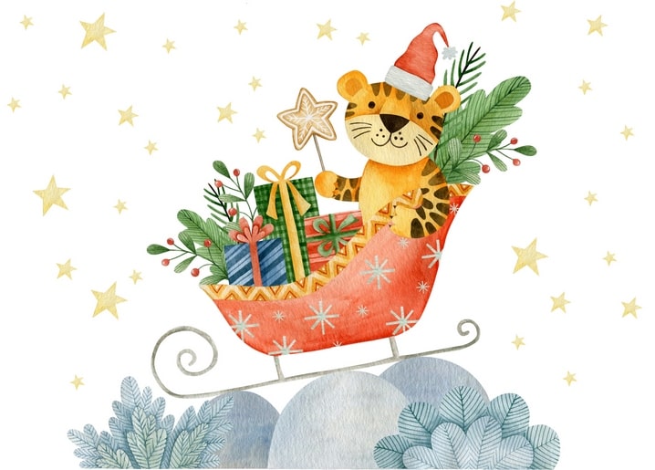 Tiger mit Weihnachtsmannmütze in einem geschenkbeladenen Schlitten unter Sternenhimmel