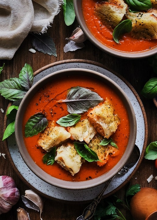 Bowl of tomato soup topped with grilled cheese croutons, basil leaves and garlic on a wooden table