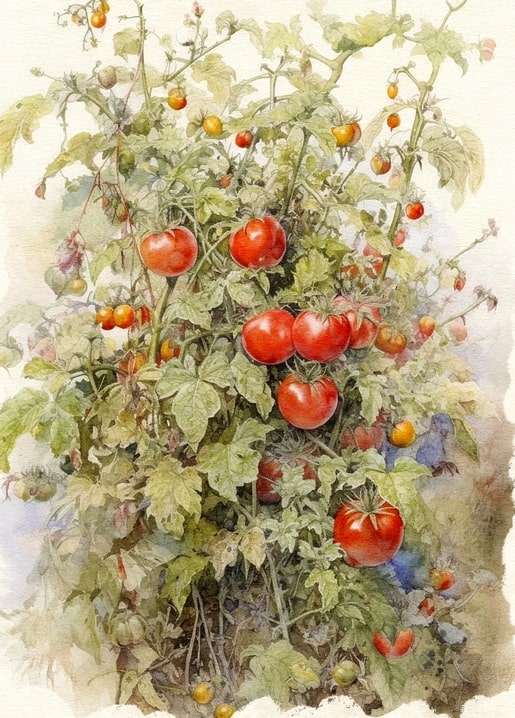 Watercolor painting of a tomato plant with clusters of ripe red tomatoes and cherry tomatoes