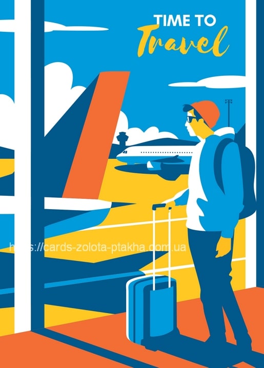 Illustrierte Postkarte: Reisender mit Koffer beobachtet ein Flugzeug am Flughafenfenster