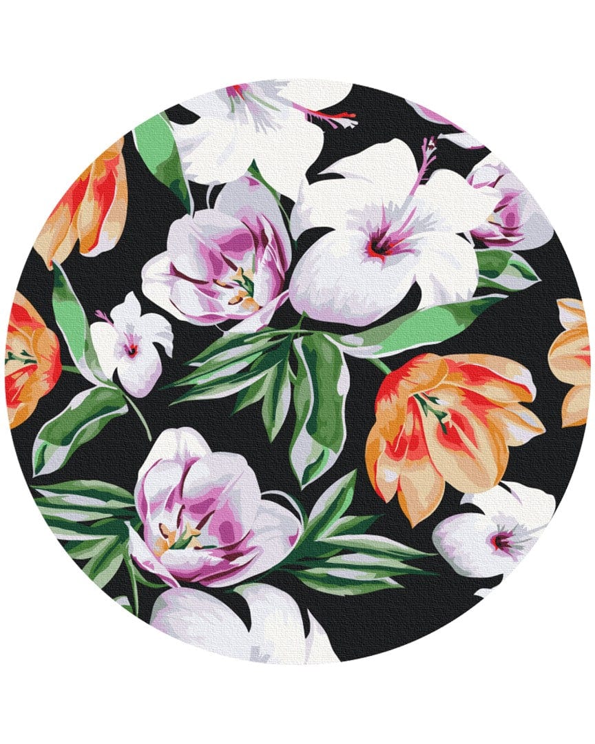 Round paint-by-numbers canvas with white hibiscus and pink-orange tulip blooms on a black background