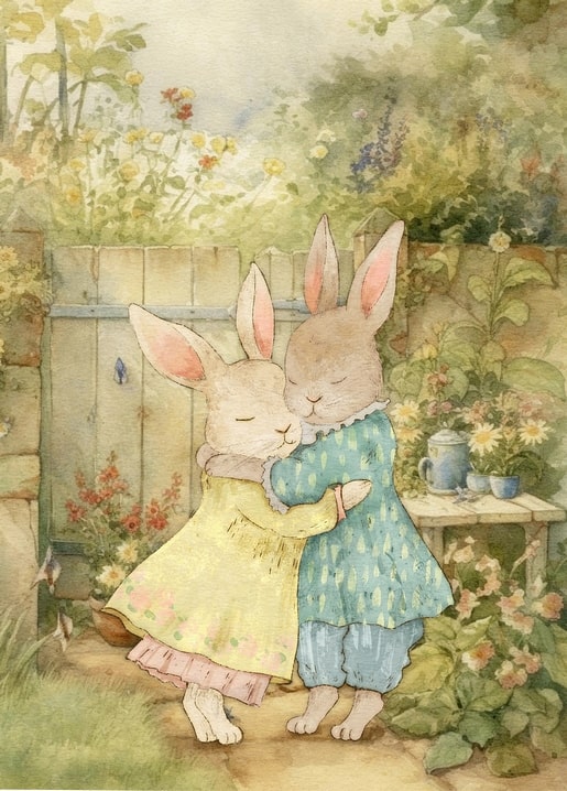 Two watercolor rabbits embracing by a garden gate with a watering can and daisies