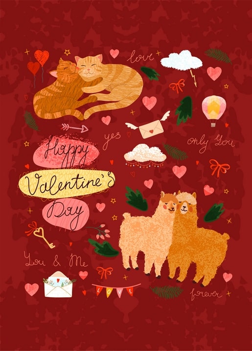 Rote Valentinstag-Collage mit kuschelnden Katzen, zwei Lamas, Ballon und geflügeltem Brief