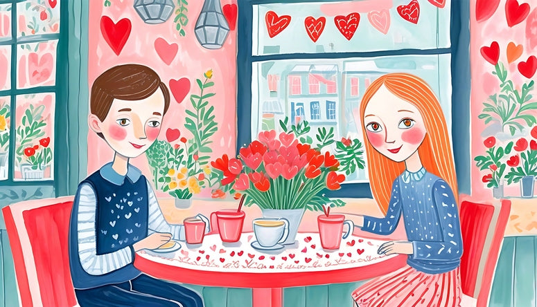Illustrated couple sharing tea and tulips at a heart-decorated café table