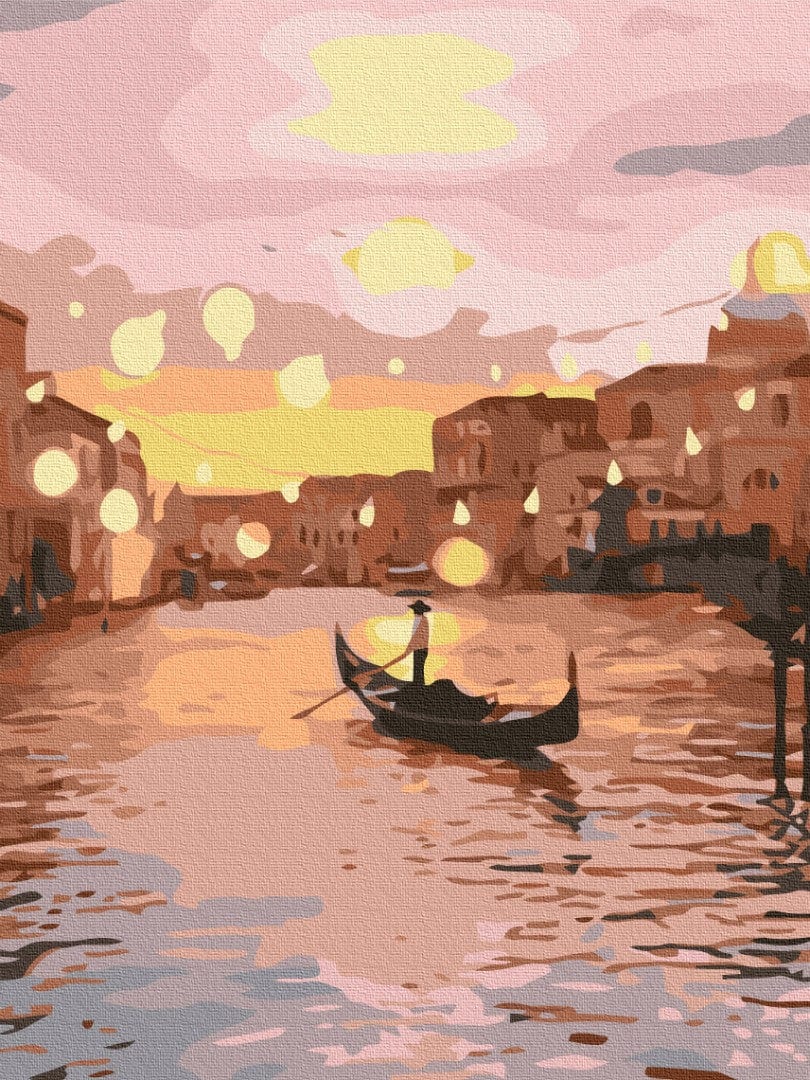 Illustration of a gondolier crossing a Venice canal at sunset with glowing lantern lights overhead