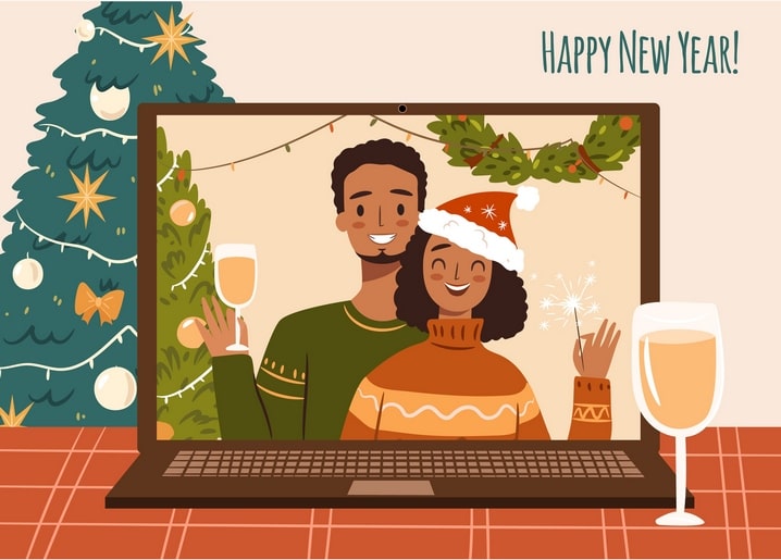 Couple toasting champagne on a video call screen beside a Christmas tree, Happy New Year text