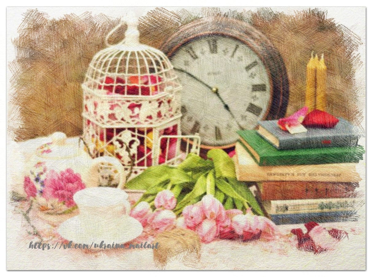 Vintage still life with birdcage, antique clock, pink tulips, teacup and stacked books