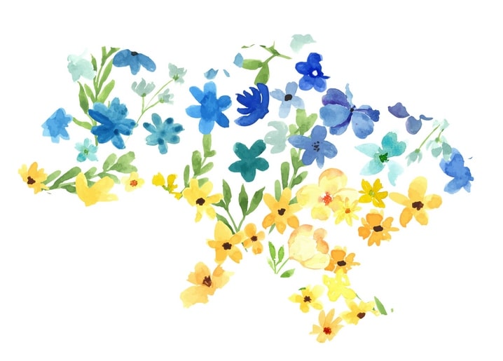 Illustrated postcard: watercolour map of Ukraine made of blue wildflowers above and yellow meadow blooms below — Ukraine postcard.