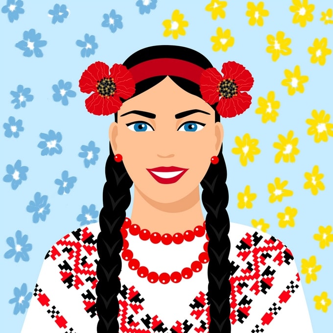 Porträtillustration einer Frau in roter Vyshyvanka mit roten Mohnblumen und blau-gelben Blumen