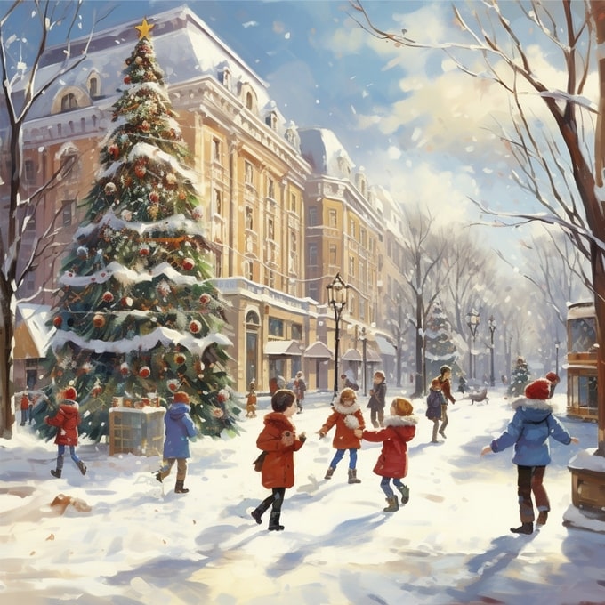 winter city watercolor postcard