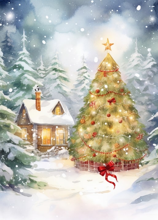 winter city watercolor postcard