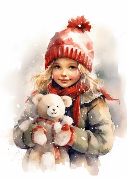 winter city watercolor postcard