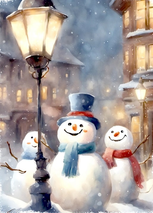 winter city watercolor postcard