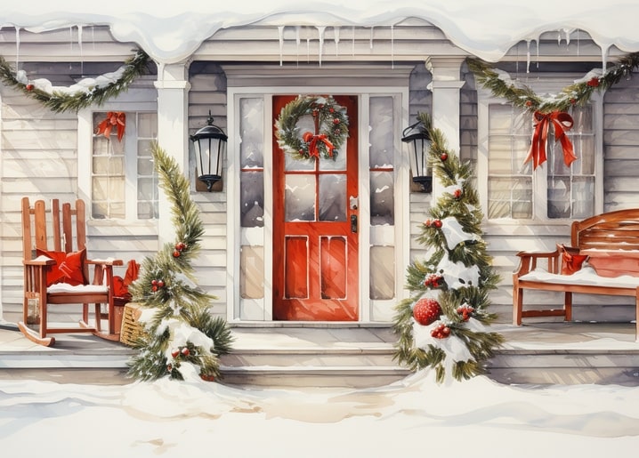 winter city watercolor postcard