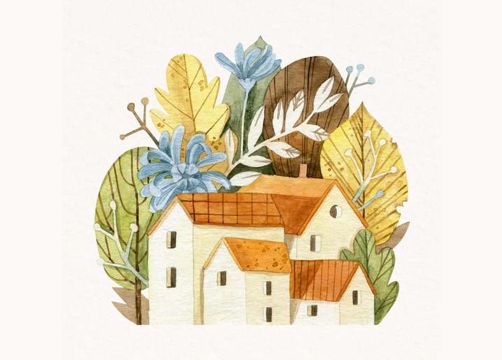 Aquarellillustration eines Häuschens zwischen Herbstbäumen und blauen Blumen