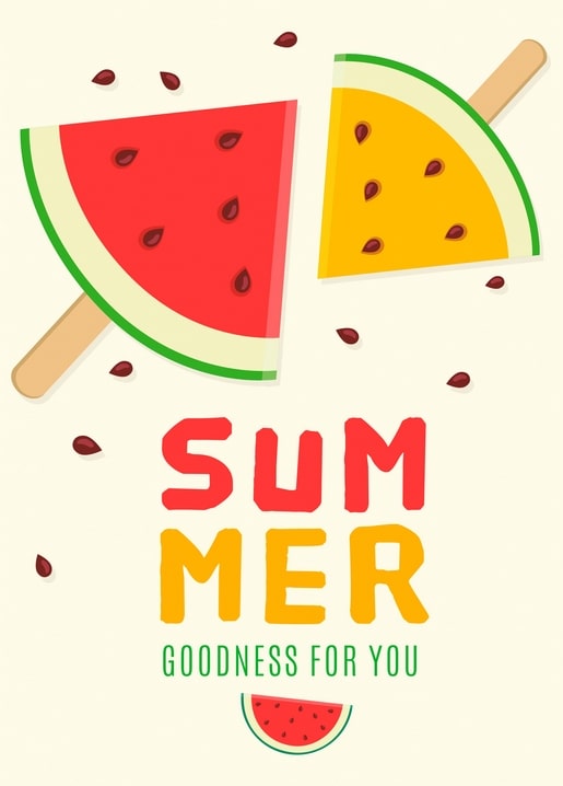 Illustrated postcard with watermelon and melon popsicles and scattered seeds on cream background