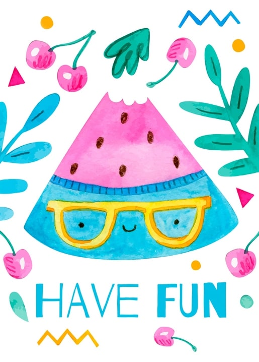 Illustrated watermelon slice wearing yellow sunglasses among cherries and leaves, with ‘Have Fun’ lettering