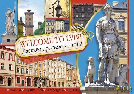 „Welcome to Lviv“-Postkarte mit Statue und bunten Altstadt-Ansichten