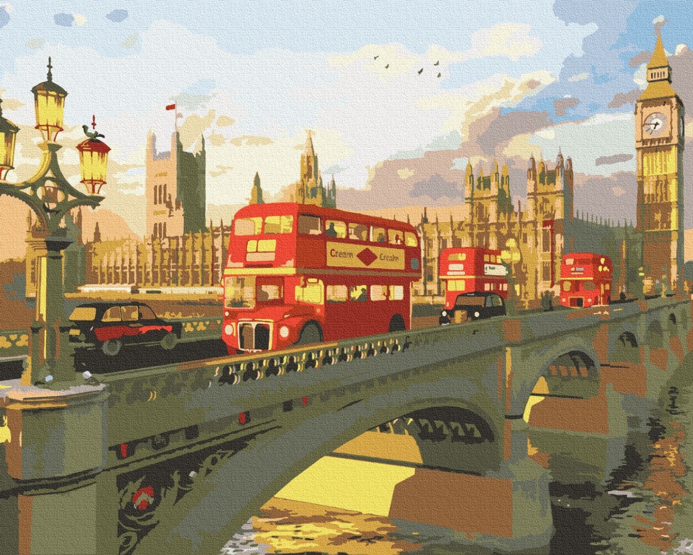 Red double-decker buses crossing Westminster Bridge at sunset with Big Ben glowing gold