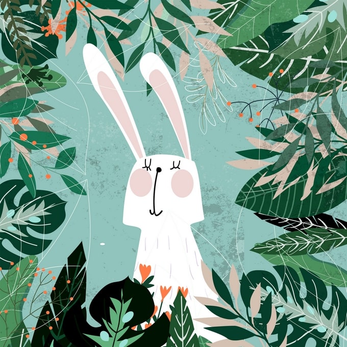 White rabbit with pink cheeks peeking through green foliage and orange berries