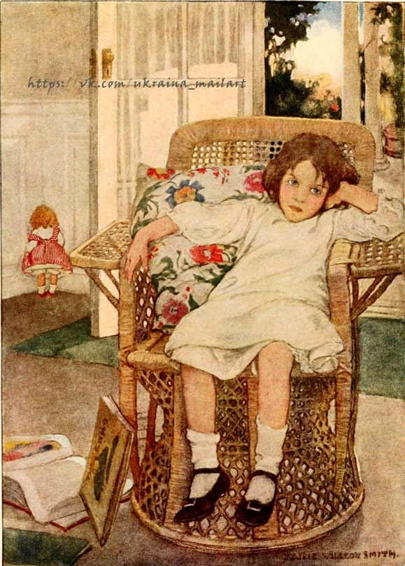 Illustration eines Mädchens, das müde in einem Korbsessel auf der Veranda sitzt, die Stoffpuppe am Boden daneben.