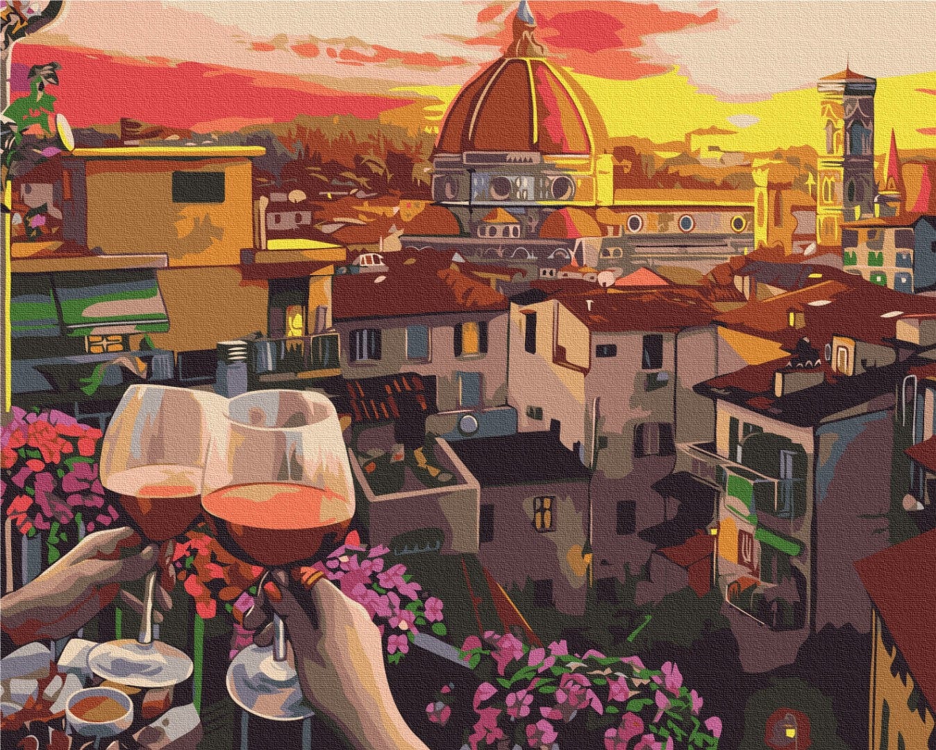 Two hands toasting wine glasses on a balcony overlooking Florence's Duomo at sunset