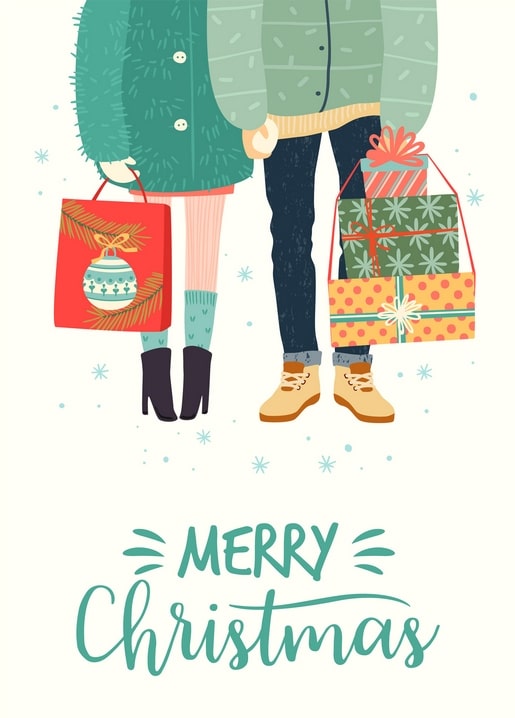 Illustrierte Mäntel und Stiefel eines Paares mit Weihnachtsgeschenktüten im Schnee
