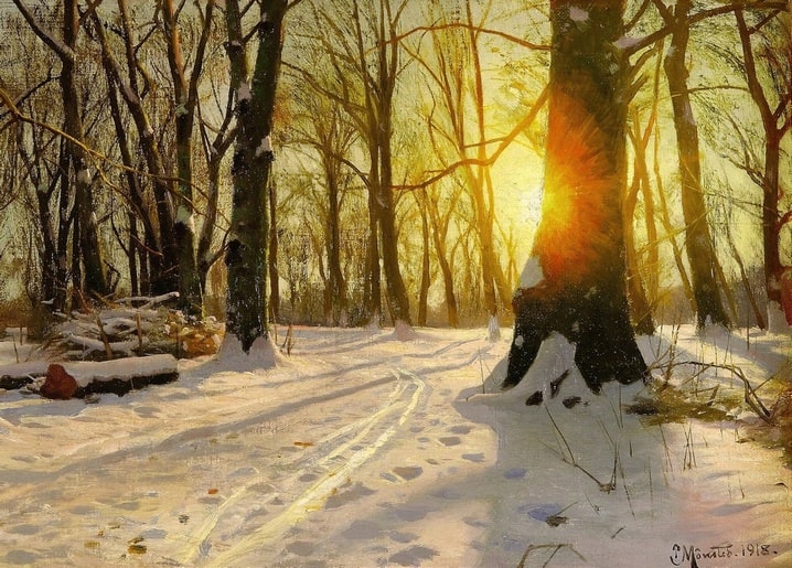 Mønsted-Gemälde von 1918: goldenes Sonnenlicht durch kahle Buchenstämme über Schnee