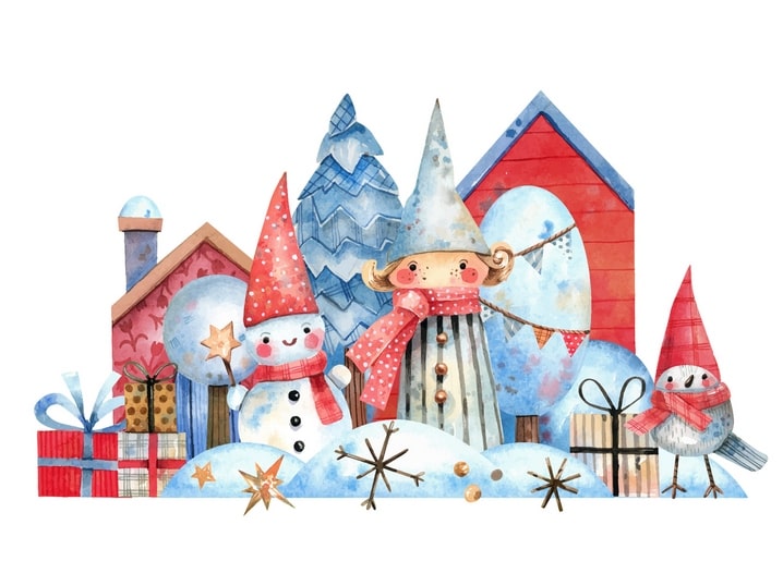 Winterdorf-Illustration mit Wichteln, Schneemann und Rotkehlchen im Schal