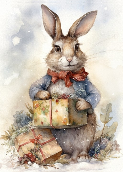 fairytale christmas watercolor animals postcard